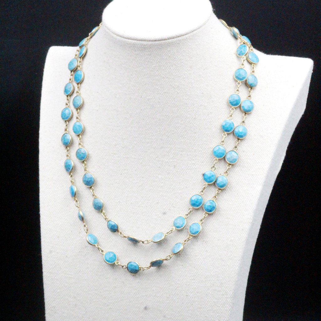 Vintage Sterling Silver Vermeil 925 Turquoise Bezel Set Long Necklace